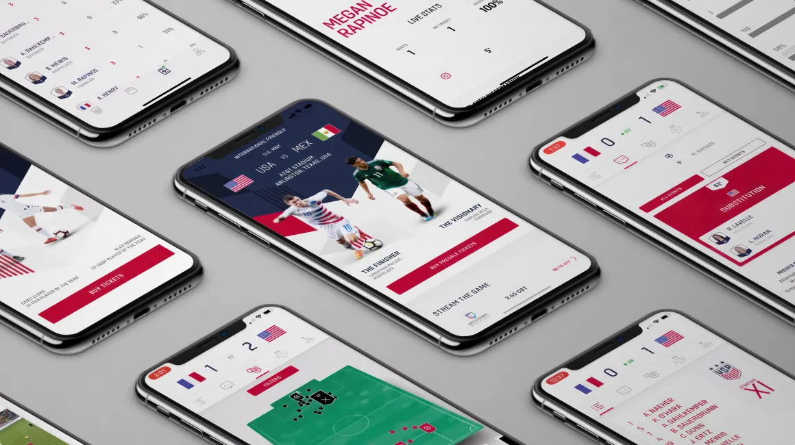 Screenshots of the lineup, home screen, and team stats for the official US Soccer iOS App developed by Everyday Odyssey for AKQA