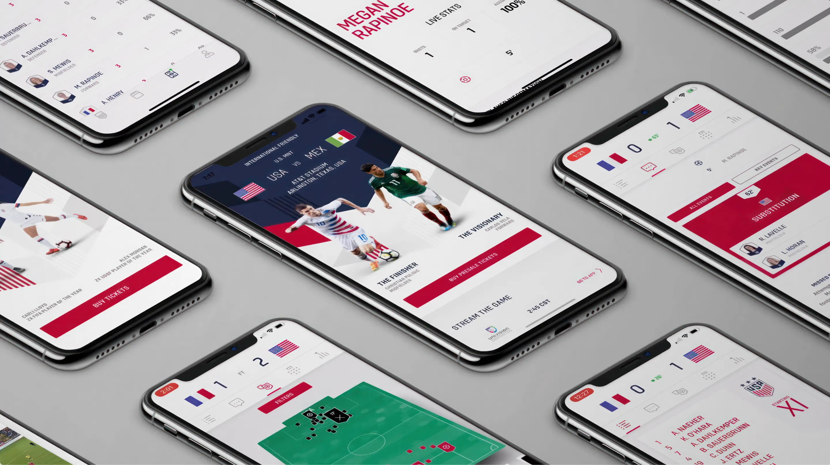 Screenshots of the home screens, player stats, and the live play for the official US Soccer iOS App developed by Everyday Odyssey for AKQA