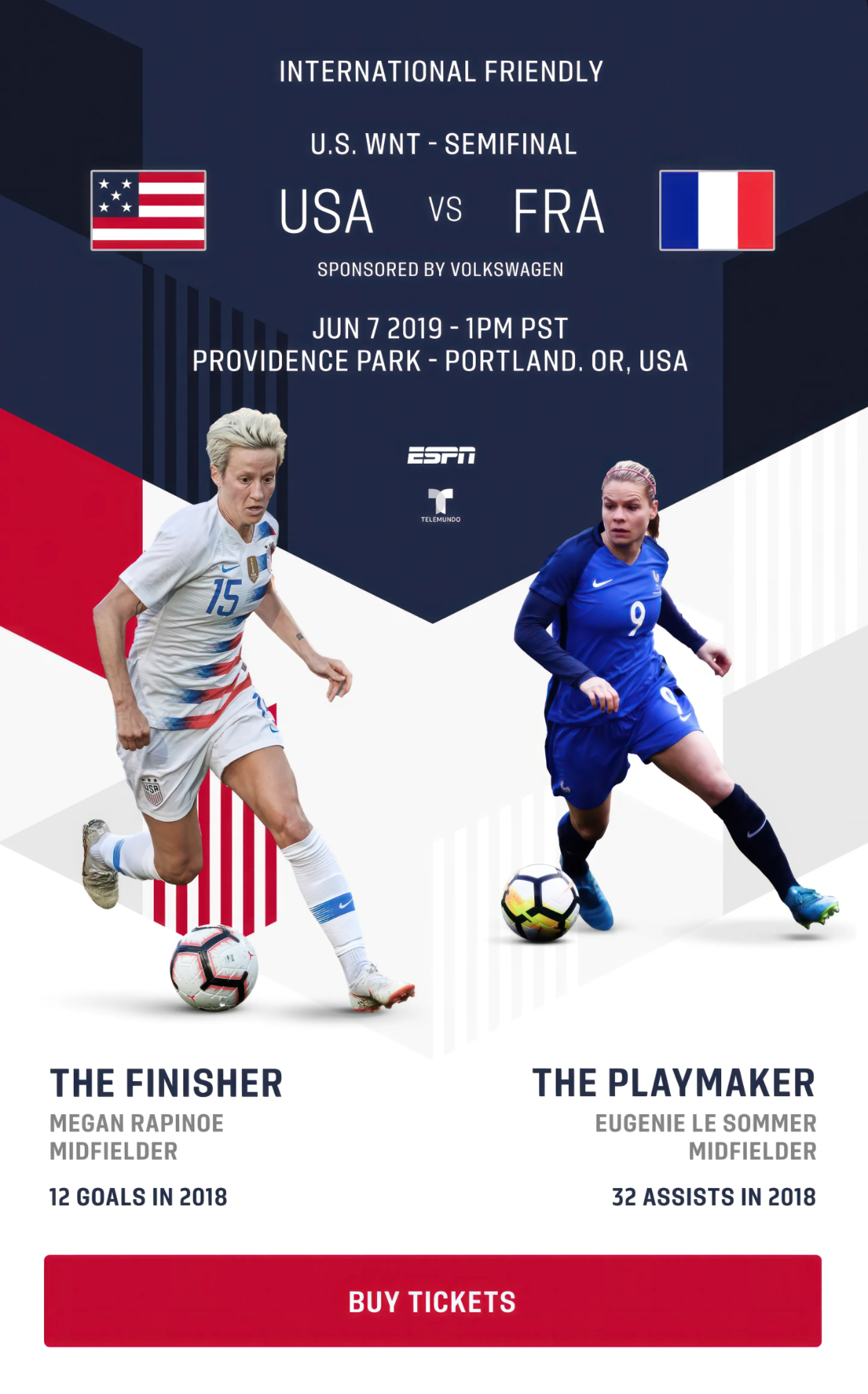 Match screen with Megan Rapinoe and Eugenie Le Sommer