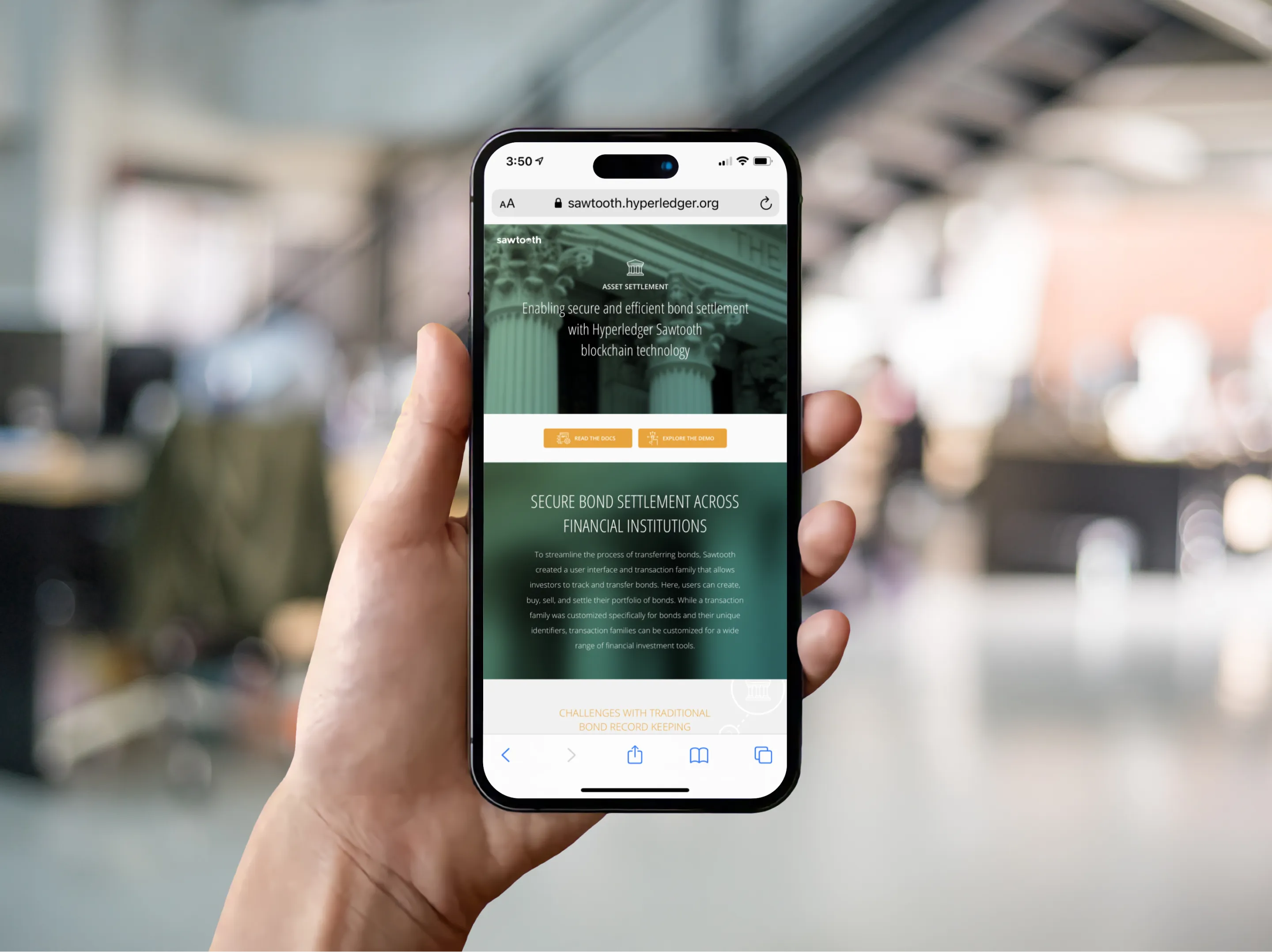 A person holding a phone with the Bond page of the Sawtooth Website built by Everyday Odyssey