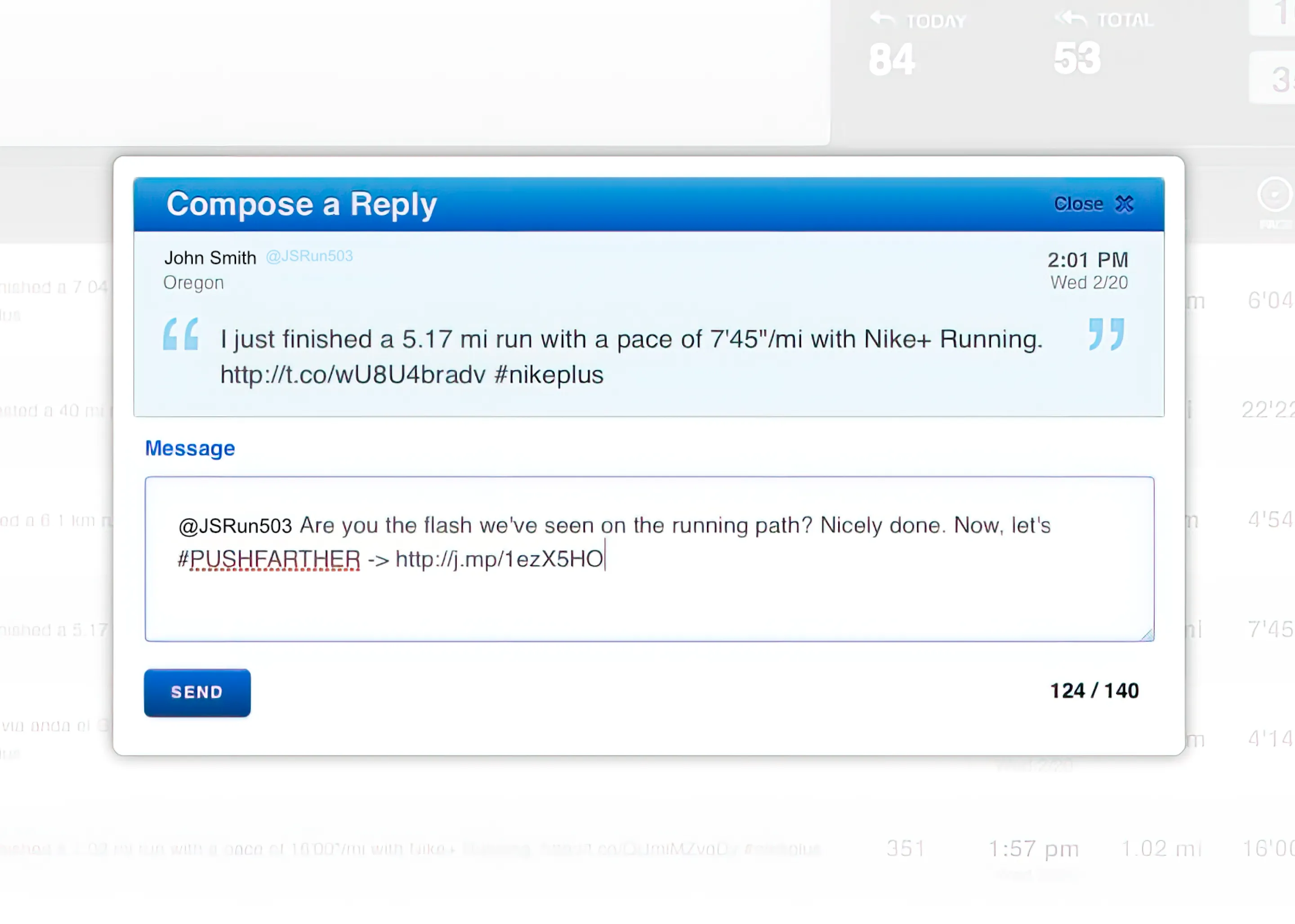 A screenshot of the Asics Kayano 19 Twitter Campaign tool in the process of reaching out to a Twitter user who has tweeted about their latest run